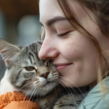 Chat caliné par sa maitresse